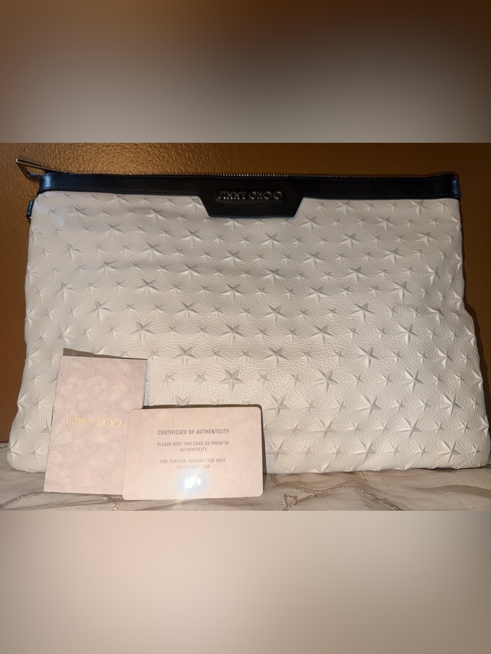 Jimmy Choo Derek Star Studs White Leather Clutch/Pouch